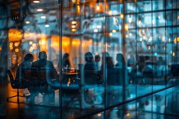 Silhouettes of Businesspeople Through Windowpane Glowing Lights