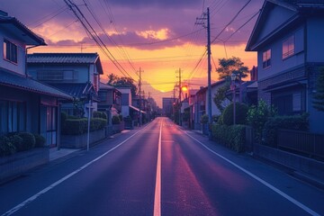 A street scene during sunset with warm lighting and long shadows