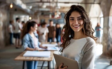 Smiling Businesswoman Holding Laptop in Collaborative Office Setting
