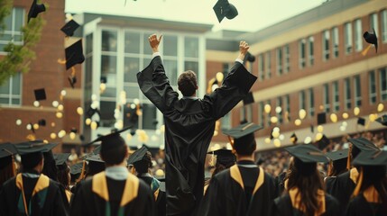 A joyous scene of graduates in caps and gowns tossing their graduation caps into the air, celebrating their academic achievements