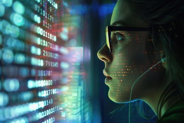 A woman wearing glasses looks at her laptop screen with focus and concentration