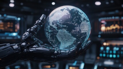 Robot holding a digital planet - futuristic and technological vision