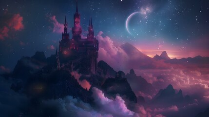 Fototapeta premium Fantasy castle on a mountain under a glowing twilight sky