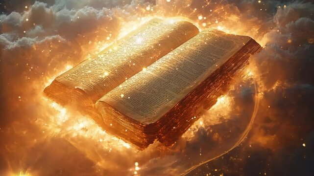 Bible in heaven clouds with beam of light breaking through the clouds, illuminating an open bible with light rays spreading out. with the title boldly placed in the center. Holy Cristian concept 4k