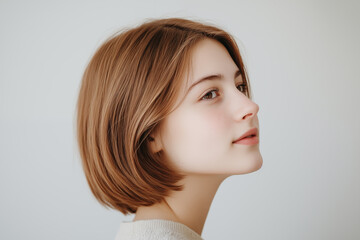 Naklejka premium Side profile of young woman with short hair and natural beauty in soft light