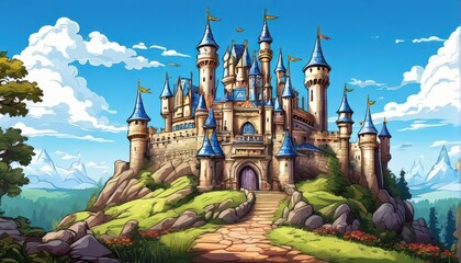 A fairytale castle on a hill surrounded by mountains and a blue sky.