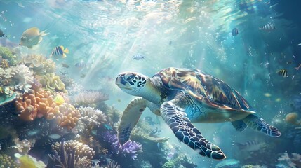 Naklejka premium Sea turtle swimming above a vibrant coral reef