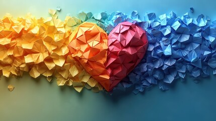 Colorful low-poly origami heart, a rainbow color palette
