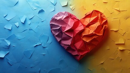 Colorful low-poly origami heart, a rainbow color palette