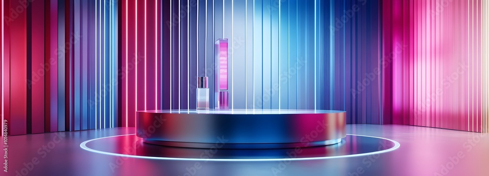 Wall mural 4. **Cosmetic Showcase:** Depict a glowing futuristic podium featuring a holographic display, with a captivating digital data stream background. This innovative environment enhances the presentation