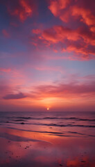 Fototapeta premium A stunning sunset over a calm ocean, with vibrant hues of orange, pink, and purple reflecting on the water's surface. The sky is filled with dramatic clouds, creating a serene and picturesque scene.