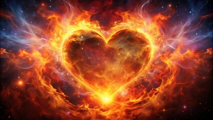 Fiery heart glowing in a cosmic background, representing love and passion, love, fiery, heart, passion, cosmic, background