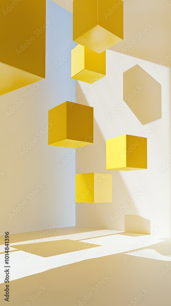 Poster a modern abstract scene featuring floating yellow cubes in a bright, minimalist environment with sof