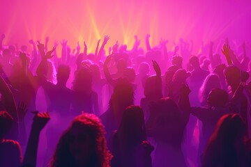 A group of people gathered around a vibrant purple glow, potential for various uses and themes