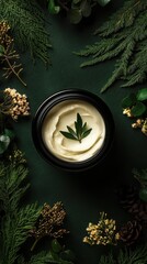 A stylish beauty cream in a black jar topped with a fresh leaf, surrounded by greenery and natural elements, perfect for skincare.