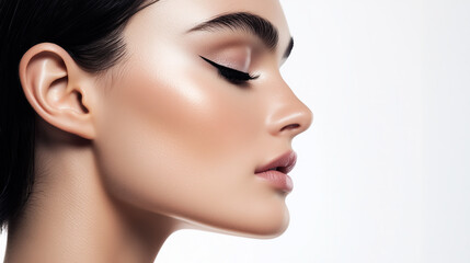 Fototapeta premium Elegant profile portrait of a woman with flawless skin and bold eyeliner, model showcasing minimalist beauty, skincare ad with copy space, face turned to the right on a white background