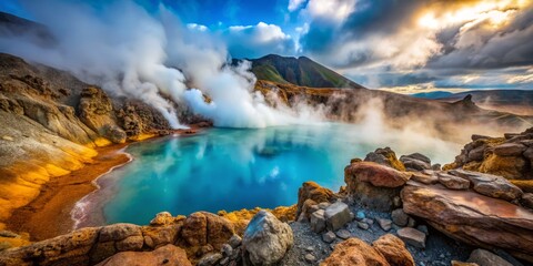 Naklejka premium Macro Photography of Steam Rising from a Crater with Colorful Rocks and a Nearby Lake