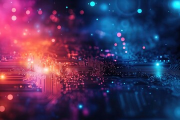 Obraz premium Abstract digital art with vibrant colors and glowing particles, creating a visual representation of technology and innovation.
