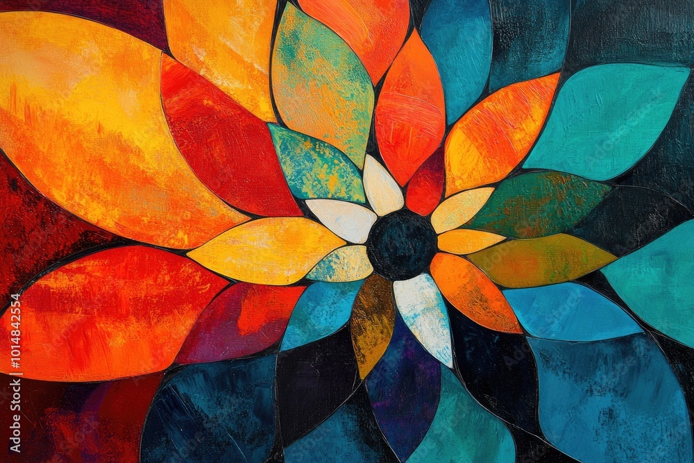 Poster colorful abstract design featuring vibrant petals in various shades, creating a dynamic and artistic