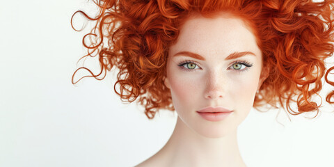 Portrait of a red-haired woman with curly hair, green eyes, and freckles, model showcasing natural beauty and vibrant elegance, atypic skincare ad, model isolated on a white background