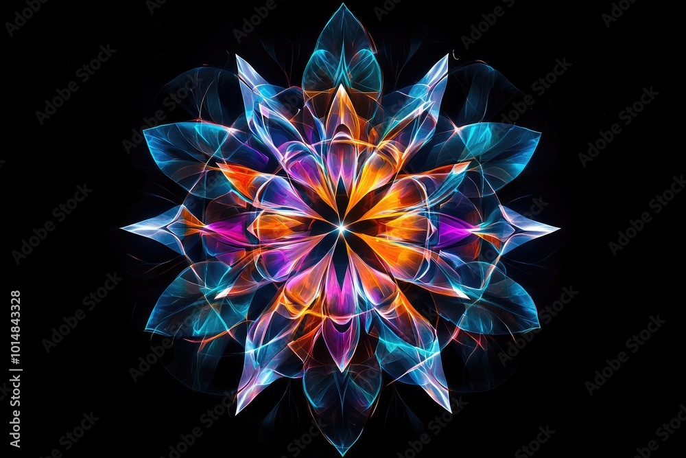 Poster vibrant abstract flower design, featuring intricate petals in a dazzling array of colors, radiating 