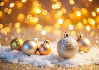 Minimalist Christmas Balls with Sparkles - Blurred Snowflakes and Yellow Bokeh Background