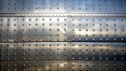 Metal airplane hull plating with rows of rivets, airplane, metal, hull, plating, rivets, aviation, engineering, surface