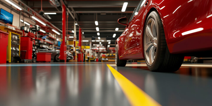 Red Car in Modern Auto Repair Shop