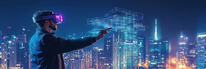Obraz premium An augmented reality architect designs glowing virtual buildings in a futuristic cityscape at night. Generative AI