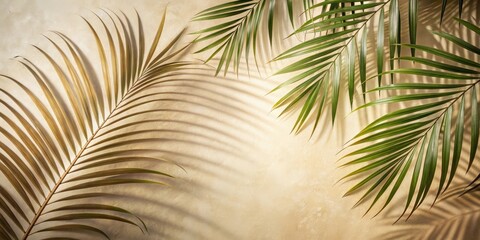 Obraz premium Palm leaves shadow on beige background, freeze motion, palm leaves, shadow, beige background, motion, tropical, nature