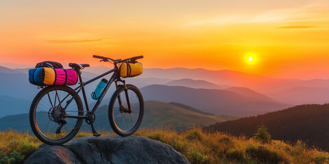 Fototapeta premium Bicycle with colorful saddlebags on a rock during sunset in the mountains. Adventure cycling scene with a vibrant, scenic landscape