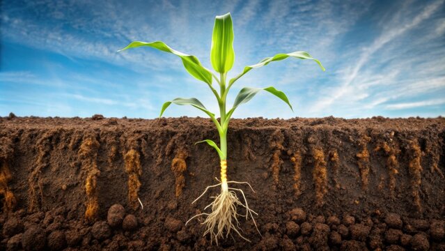 Maize corn plant growing in soil, roots exposed, showing plant development underground, Maize, corn, plant, growth