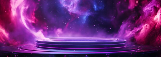 3. **Galactic Product Display:** Visualize a futuristic product pedestal with a cosmic design, encased in a neon cyberpunk frame. The background is enhanced with swirling purple lights and shimmering