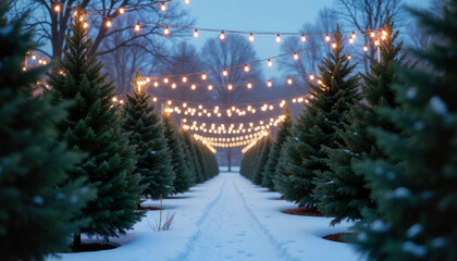 Christmas tree lot with festive lights and snow-covered path at dusk