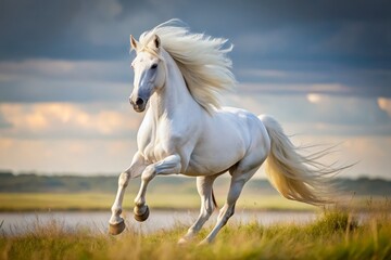 Minimalist White Friesian Horse Running in Serene Landscape for Stock Photography