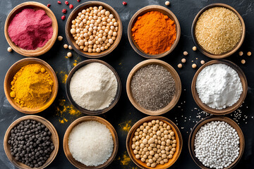 Various spices and powders are neatly organized in wooden bowls on a dark background, showcasing a colorful array perfect for enhancing dishes and culinary creativity