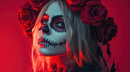 Beautiful Halloween Make-Up Style. Blond Model Wear Sugar Skull Makeup with Red Roses. Santa Muerte concept