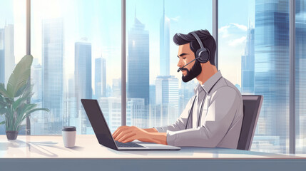 A focused man wearing headset is typing customer information on laptop in modern office with city skyline view. atmosphere is professional and productive