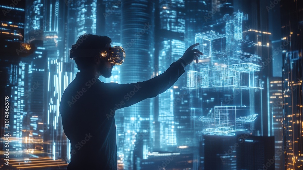 Leinwandbilder An augmented reality architect designs futuristic buildings in a high-tech cityscape at dusk using immersive AR glasses. Generative AI