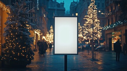 Blank white mock up vertical billboard street poster on a Christmas illumination city background : Generative AI