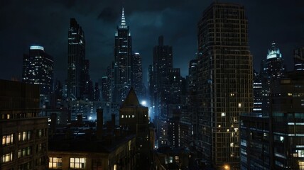 Somber dystopian gotham city at night