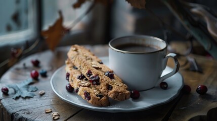 A warm cup of coffee and some delicious cookies on a plate, perfect for a cozy moment