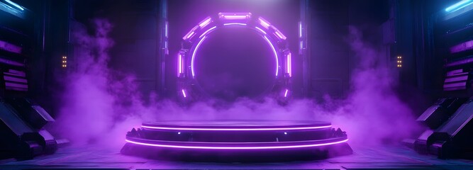 4. **Cyberpunk Galaxy Stage:** Depict a vibrant podium with a galaxy theme, framed by neon lights in a cyberpunk style. The scene is filled with glowing purple hues and a misty ambiance, perfect for