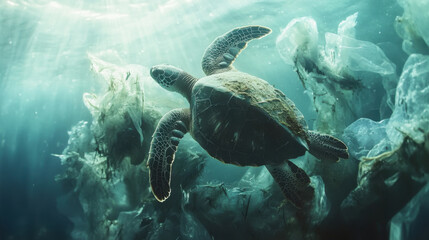 Obraz premium A sea turtle gracefully swims through plastic filled ocean, highlighting urgent need for environmental awareness and conservation efforts