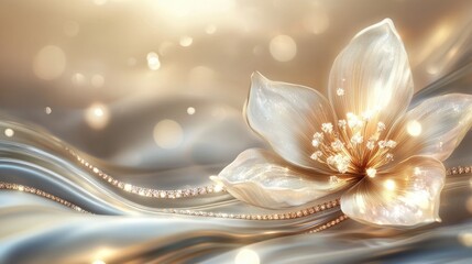A beautiful abstract blooming flower with soft glowing petals, set against a background of swirling trails of luxurious jewelry