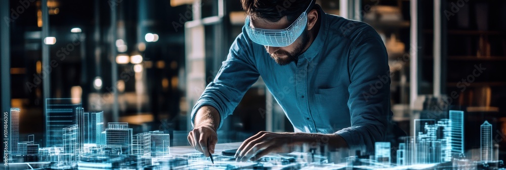 Aufkleber An augmented reality architect creates futuristic buildings in a vibrant cityscape at night using AR glasses for virtual design. Generative AI
