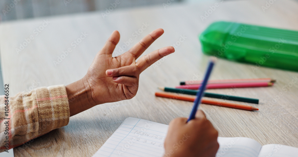 Leinwandbilder Hands, counting and child in classroom, numbers and writing of homework, notebook and learning in elementary. Back to school, growth and development of kid, studying and test of math and knowledge