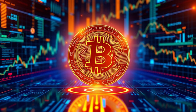 A glowing digital coin with blockchain symbols floating in the center of a futuristic background made of data streams, graphs, and financial charts.