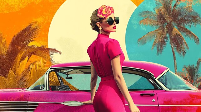A glamorous woman in a pink dress stands by a classic pink car in a retro styled tropical scene.
