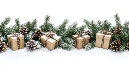 Christmas border with branches and rustic brown and white gift boxes isolated on a white background